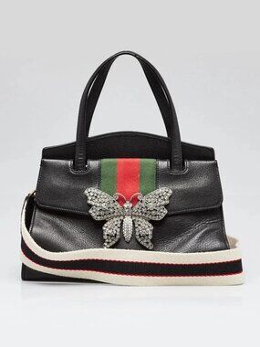 Gucci Black Leather Crystal Butterfly Linea Totem Medium Top Handle Bag
